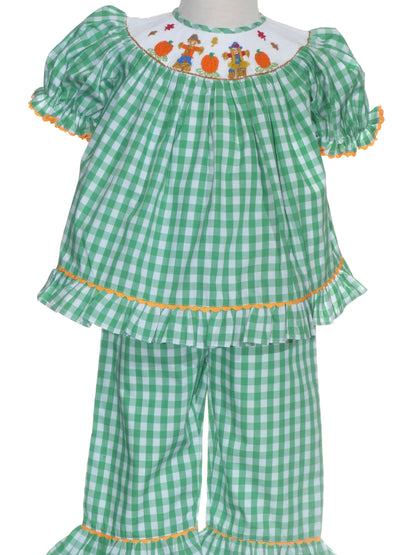 Green Gingham Short Sleeve Pant Set featuring SCARECROWS Hand-Smocked