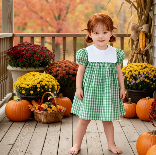 Green Gingham Short Sleeve Squared Collar Monogram-able Dress