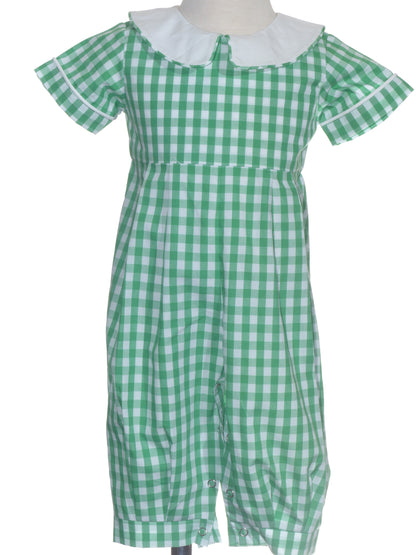 Green Gingham Boy Short Sleeve Peter Pan Collar Monogram-able Romper