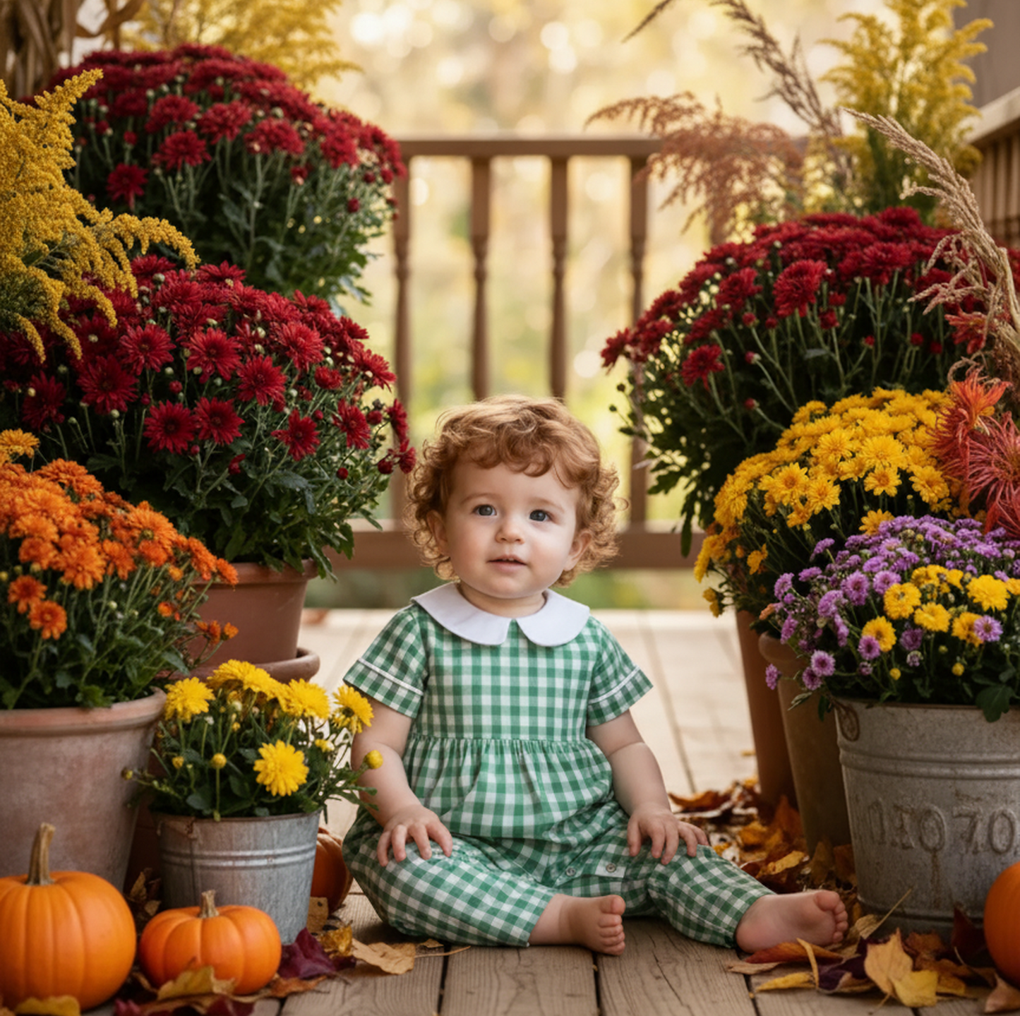 Green Gingham Boy Short Sleeve Peter Pan Collar Monogram-able Romper