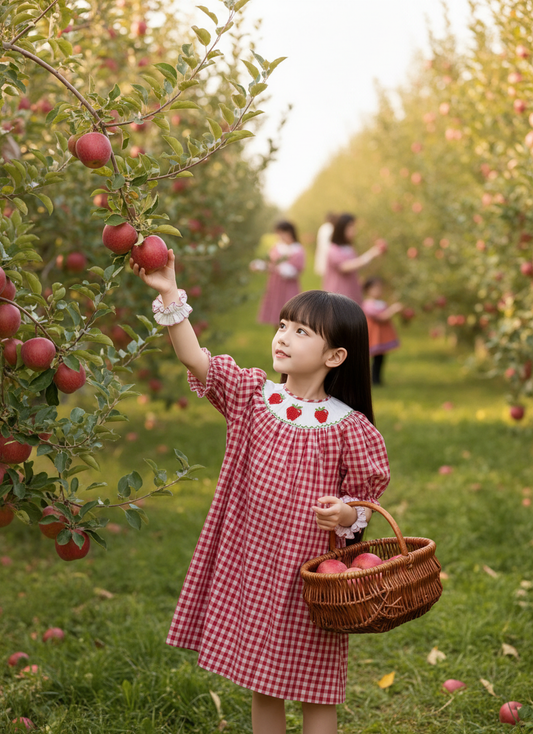 Red Gingham STRAWBERRY Smocked Long Sleeve Bishop Dress