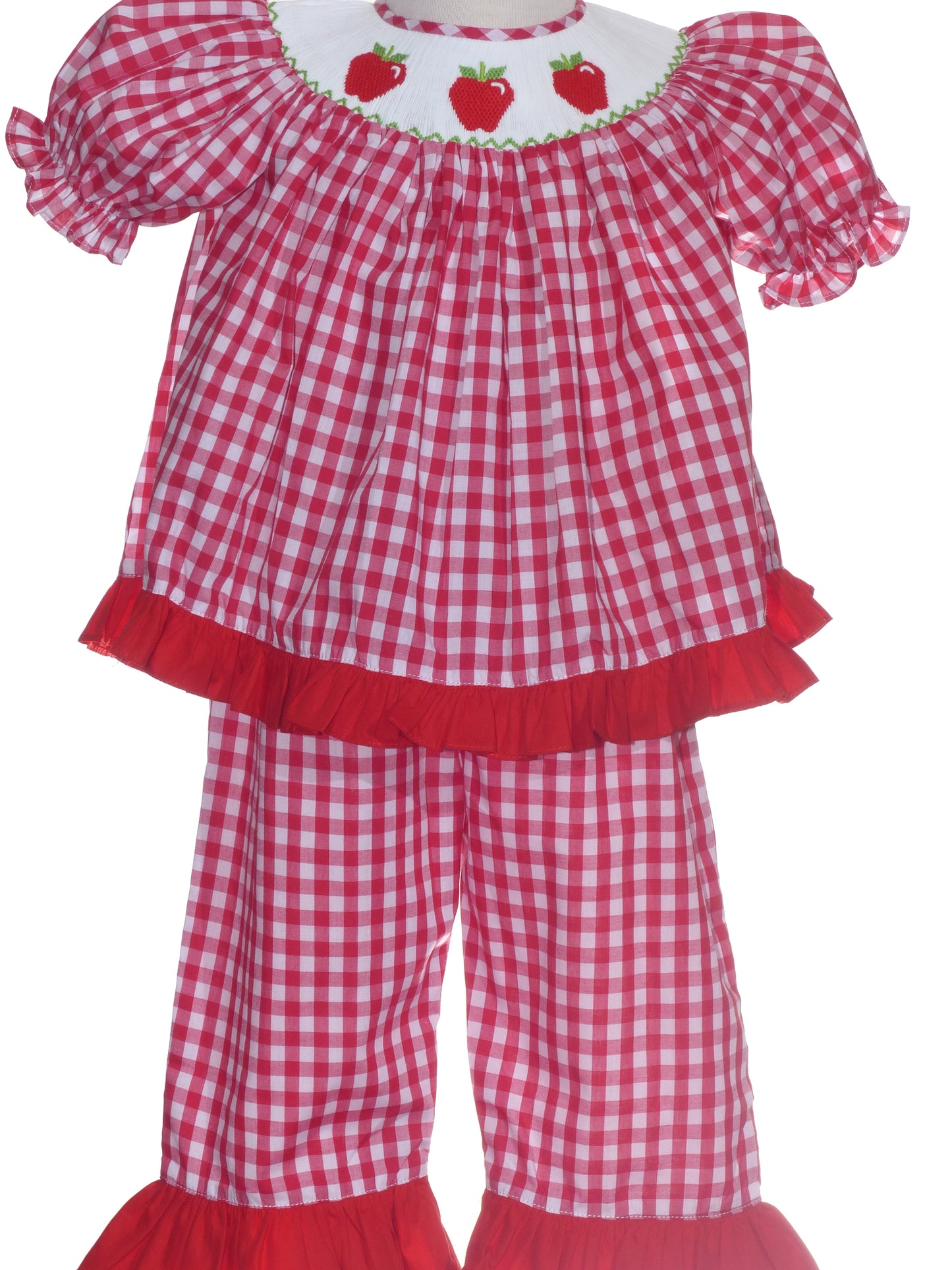 Red Gingham STRAWBERRY Hand-Smocked Ruffle Short Set