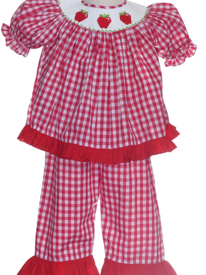 Red Gingham STRAWBERRY Hand-Smocked Ruffle Short Set