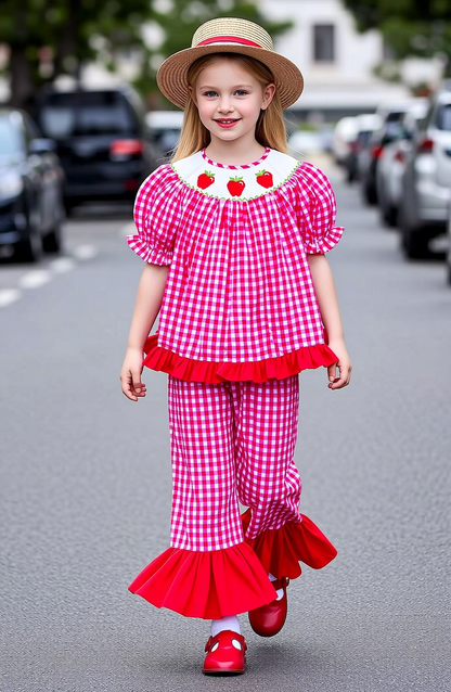 Red Gingham STRAWBERRY Hand-Smocked Ruffle Short Set