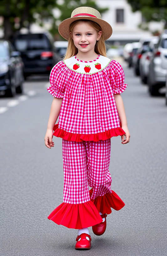 Red Gingham STRAWBERRY Hand-Smocked Ruffle Short Set