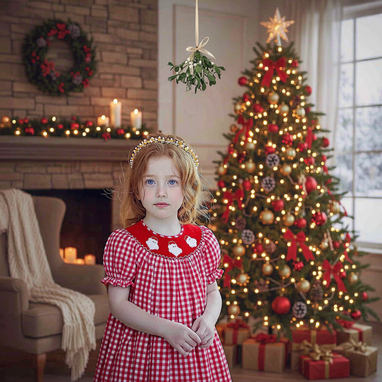 Red Gingham Short-Sleeve Bishop Dress Smocked With SANTA FACES
