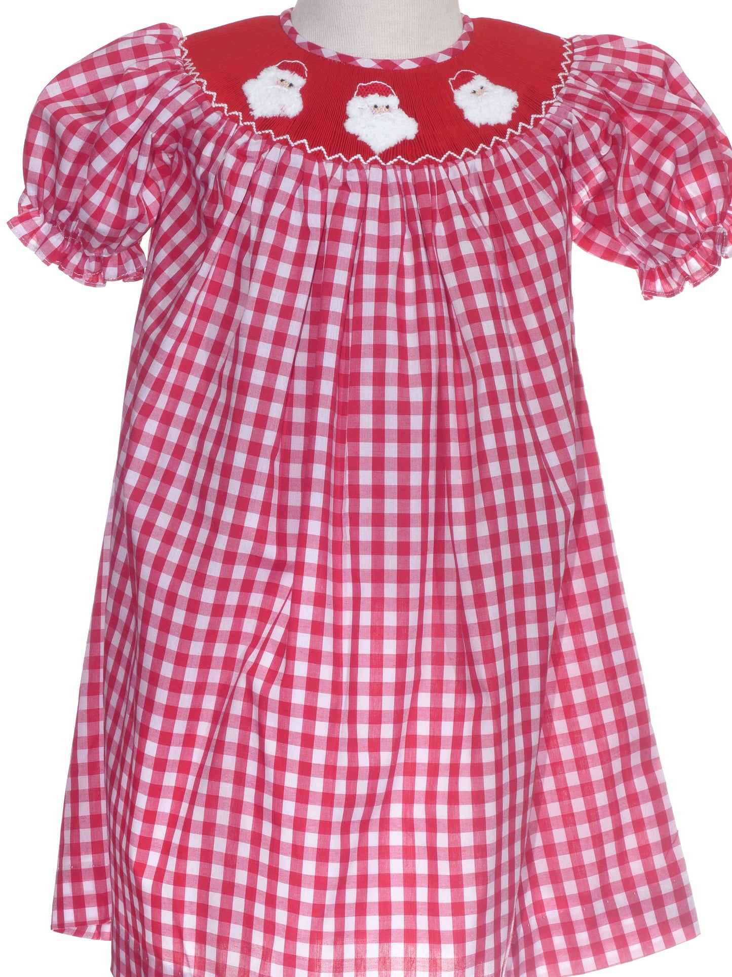 Red Gingham Short-Sleeve Bishop Dress Smocked With SANTA FACES