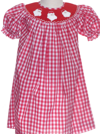 Red Gingham Short-Sleeve Bishop Dress Smocked With SANTA FACES