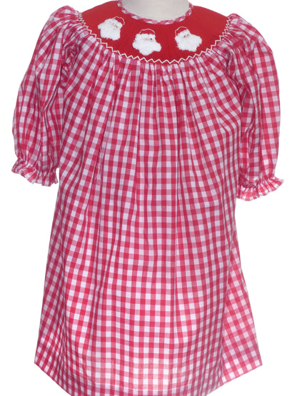 Red Gingham Long-Sleeve Bishop Dress Smocked With SANTA FACES