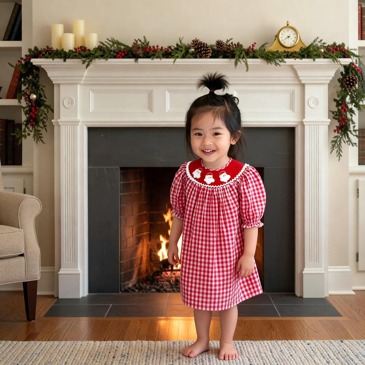 Red Gingham Long-Sleeve Bishop Dress Smocked With SANTA FACES