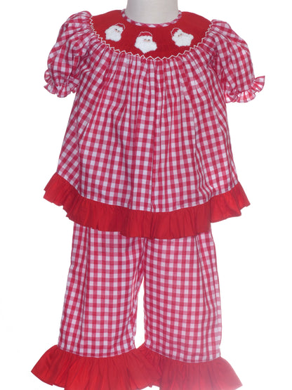 Red Gingham Short-Sleeve Pant Set Smocked With SANTA FACES