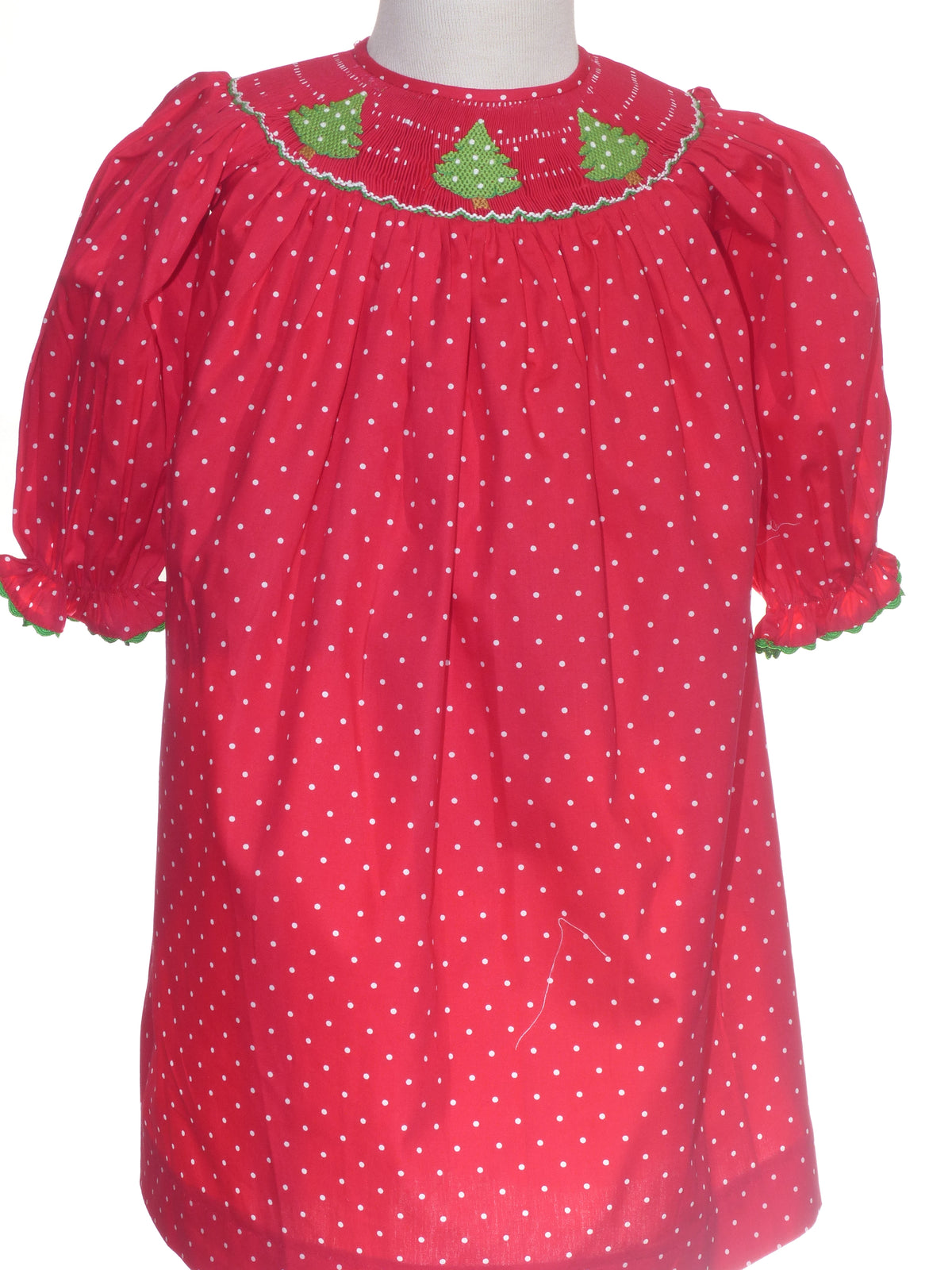 Red Polka Dot Long-Sleeve Bishop Dress Smocked With CHRISTMAS TREE