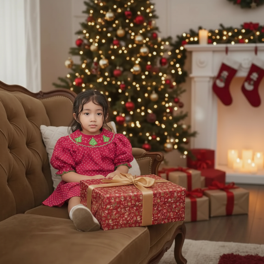 Red Polka Dot Long-Sleeve Bishop Dress Smocked With CHRISTMAS TREE