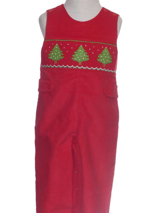Red Corduroy Christmas Trees Smocked Boy Long Overall