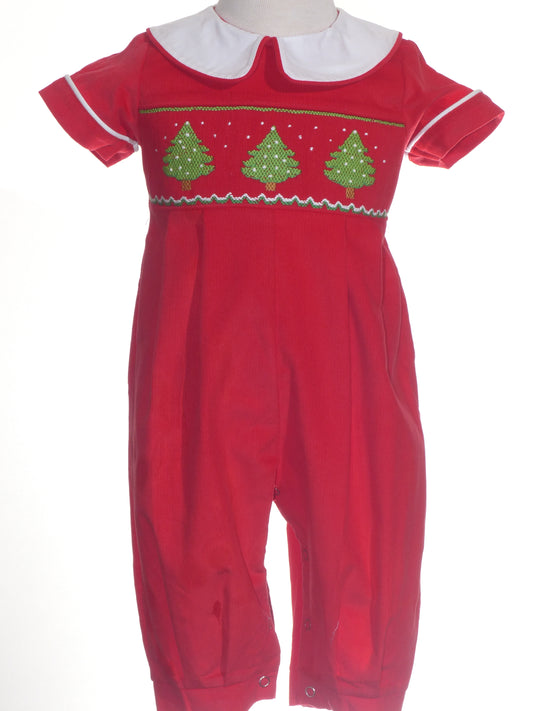 Red Corduroy Christmas Trees Smocked Boy Romper