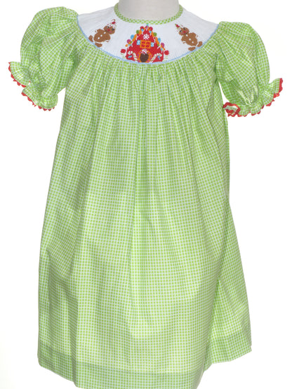 Light Green Gingham Short Sleeve Bishop Dress Featuring GINGERBREAD HOUSE Smocked