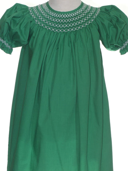 Green Pearl Smocked With Short Bishop Sleeve Dress