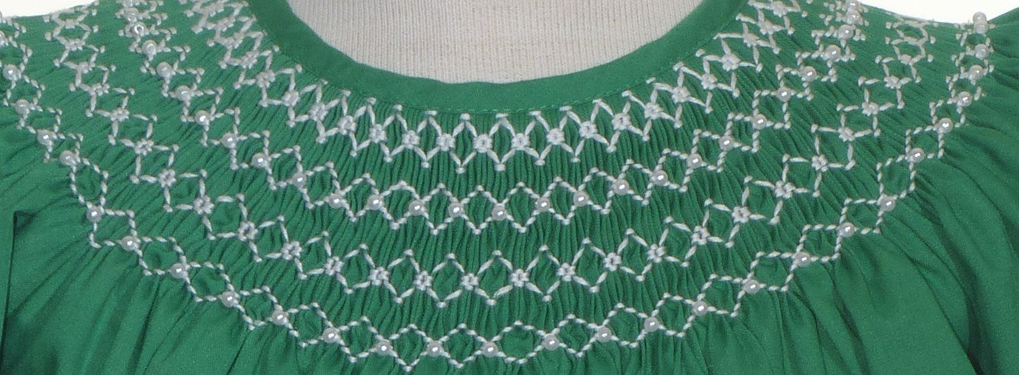Green Pearl Smocked With Short Bishop Sleeve Dress