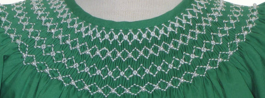Green Pearl Smocked With Short Bishop Sleeve Dress