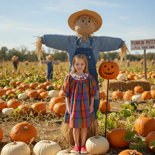 Muti-colors Plaid Long Bishop Sleeve Dress featuring SCARECROWS Hand-Smocked (Copy)