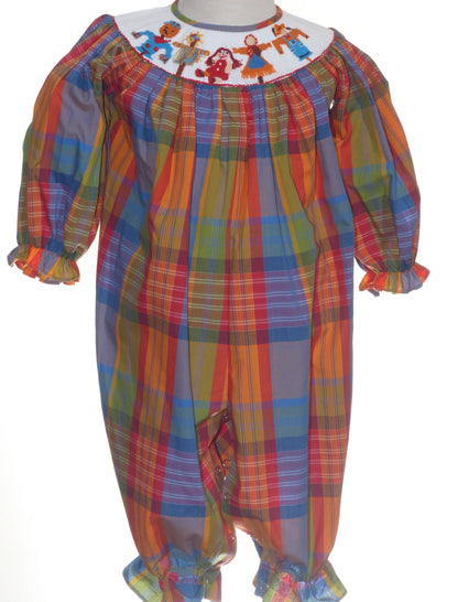Muti-colors Plaid Long Bishop Sleeve Romper featuring SCARECROWS Hand-Smocked