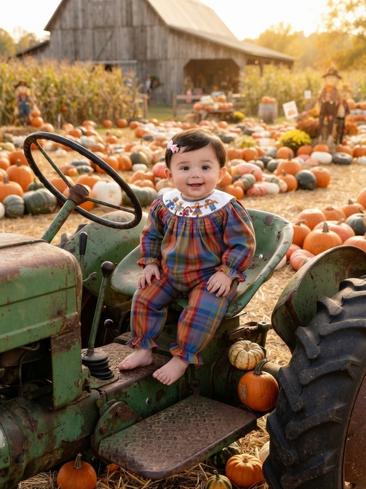 Muti-colors Plaid Long Bishop Sleeve Romper featuring SCARECROWS Hand-Smocked
