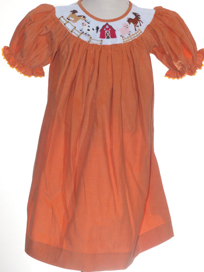 Orange Corduroy Farm Smocked Short Sleeve Bishop Dress