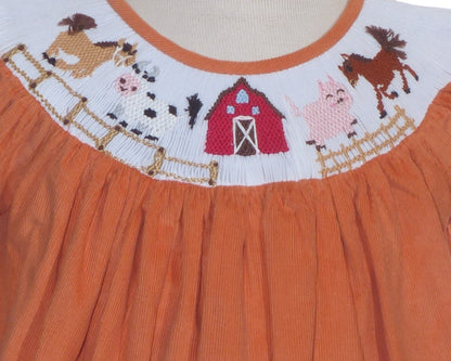 Orange Corduroy Farm Smocked Short Sleeve Bishop Dress