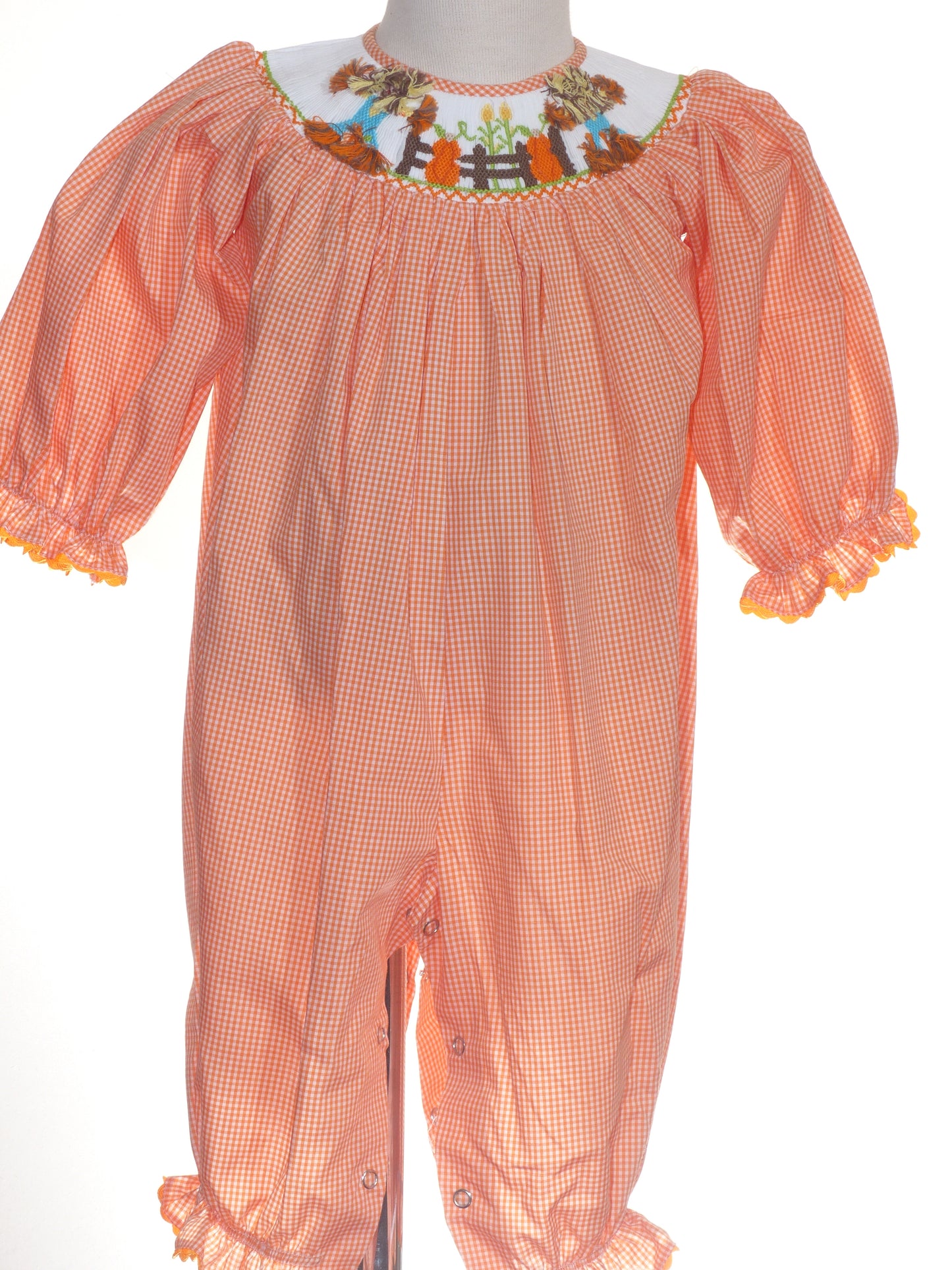 Orange Gingham Long Bishop Sleeve Romper featuring SCARECROW Hand-Smocked