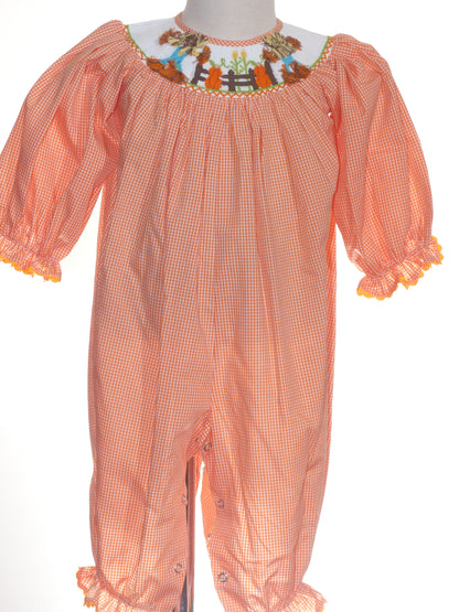 Orange Gingham Long Bishop Sleeve Romper featuring SCARECROW Hand-Smocked