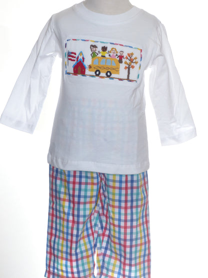 Multi Colors Gingham Boy Pant Set featuring SCHOOL BUS Smocked