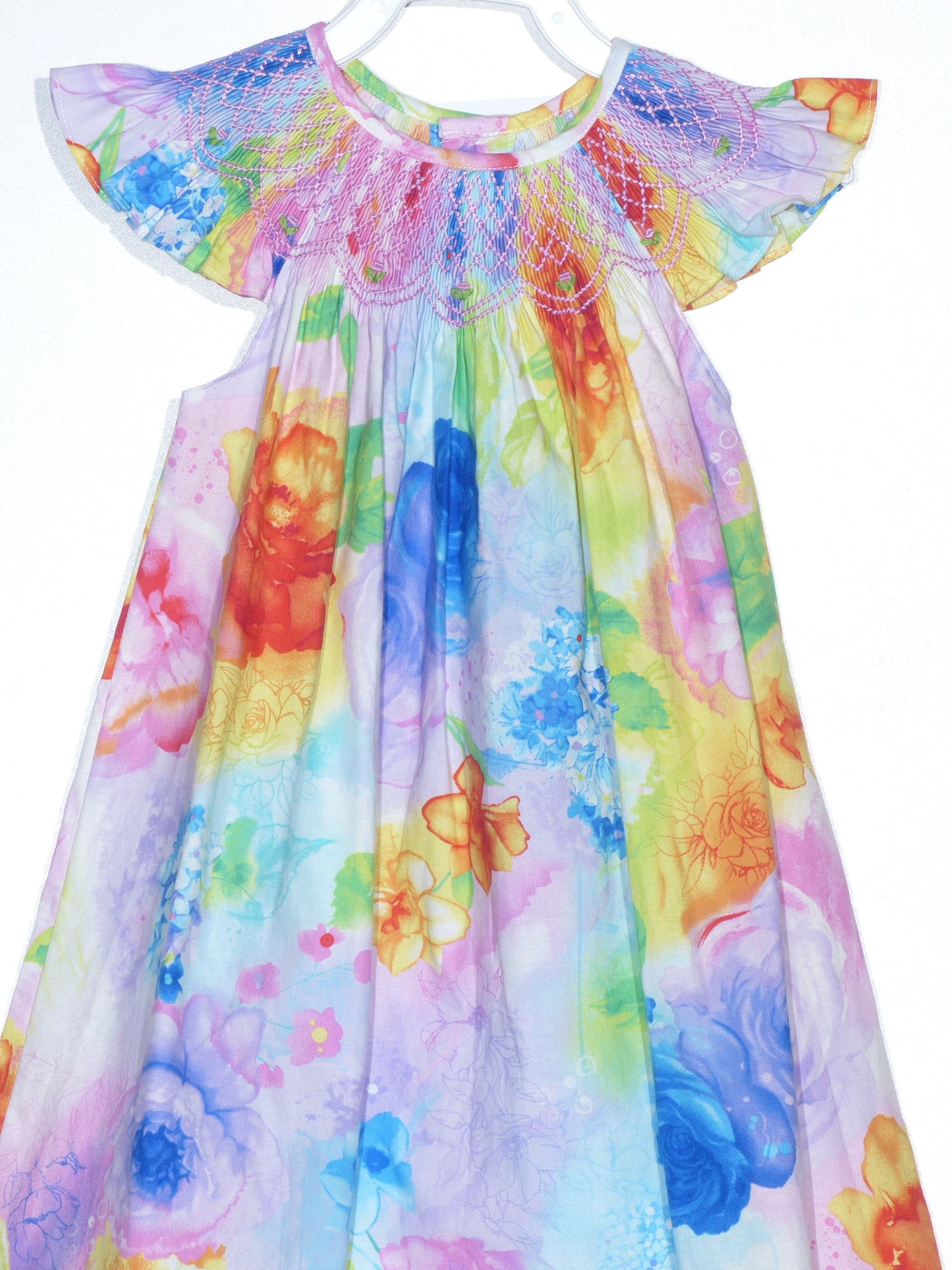 Pastel Multicolor Watercolor Floral Print Sleeveless Dress Featuring Colorful Geometric Smocked Detailing