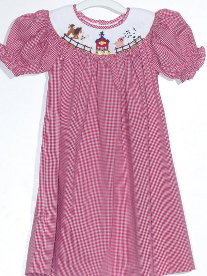 Red gingham FARM HOUSE Smocked Short Sleeve Dress