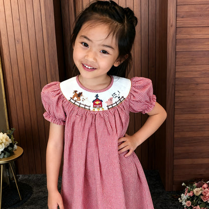 Red gingham FARM HOUSE Smocked Short Sleeve Dress