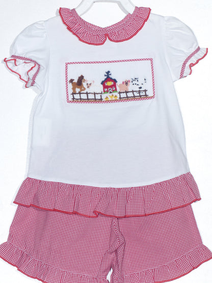 Red gingham FARM HOUSE Smocked Short Set featuring a white top and red gingham ruffle