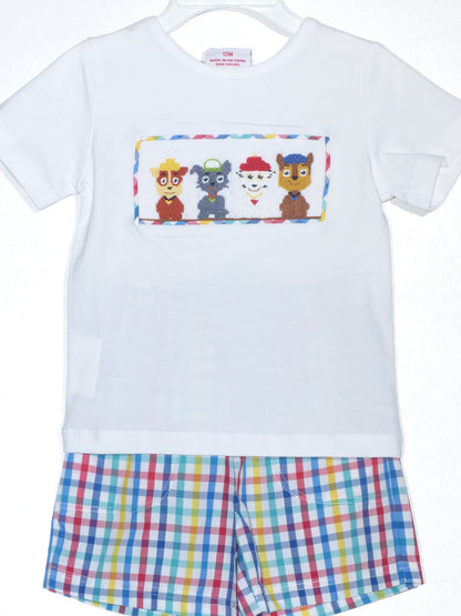 Multi Colors Gingham Boy Short Set featuring PAW PATROL Smocked