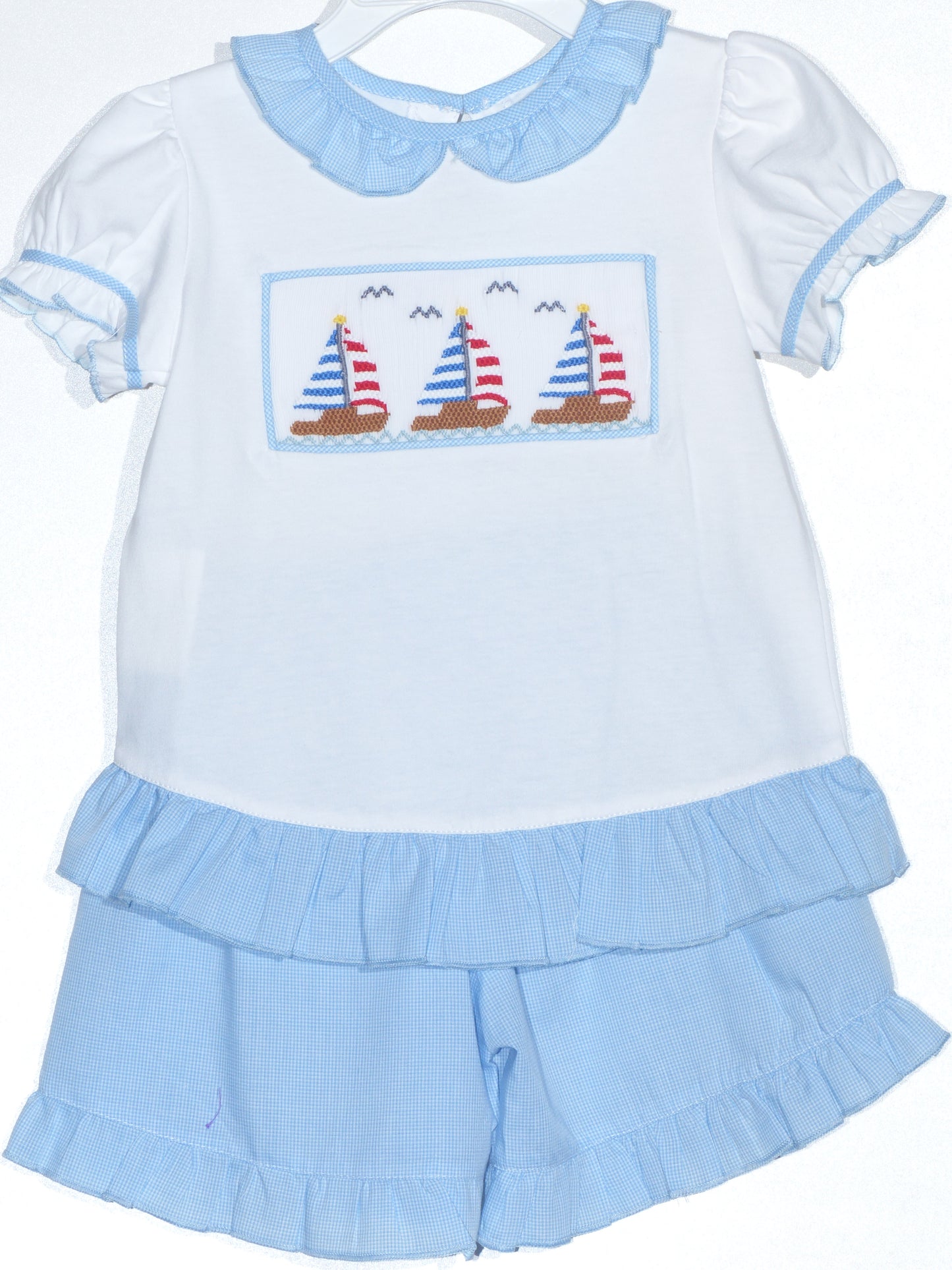 Blue Gingham SAILBOATS Smockd Short Sleeve T-shirt Short Set