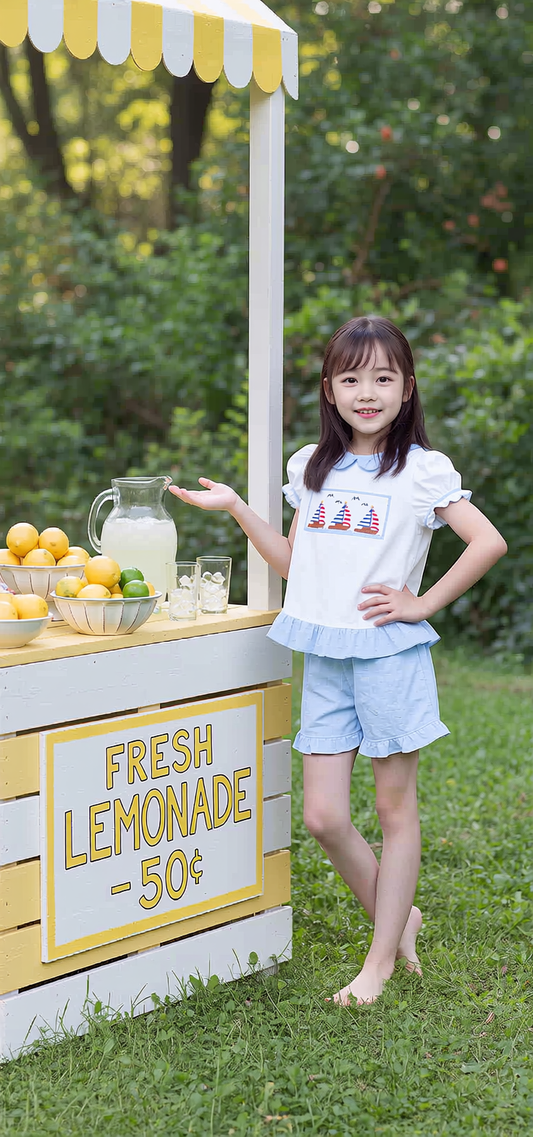 Blue Gingham SAILBOATS Smockd Short Sleeve T-shirt Short Set