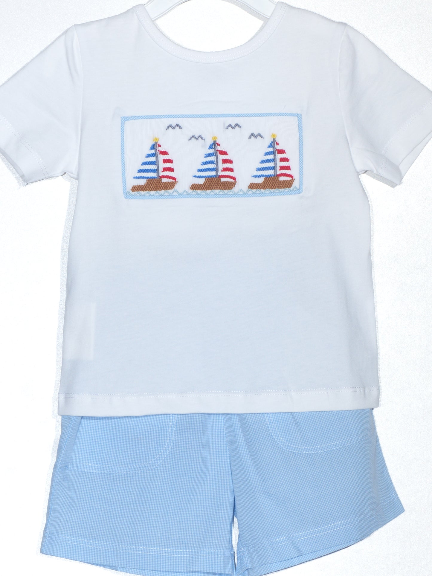 Blue Gingham Boy Short Set featuring SAILBOATS Smocked