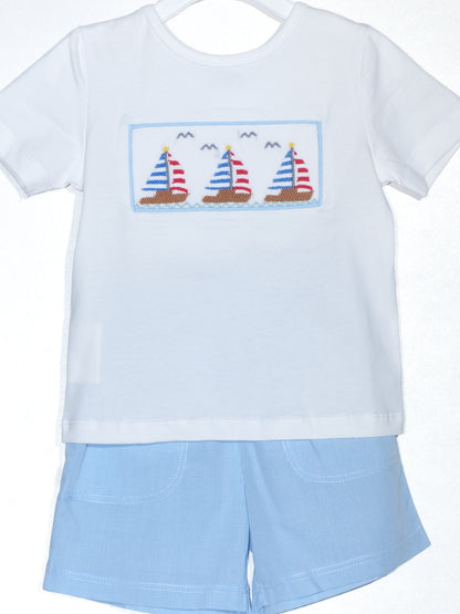 Blue Gingham Boy Short Set featuring SAILBOATS Smocked