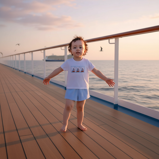 Blue Gingham Boy Short Set featuring SAILBOATS Smocked