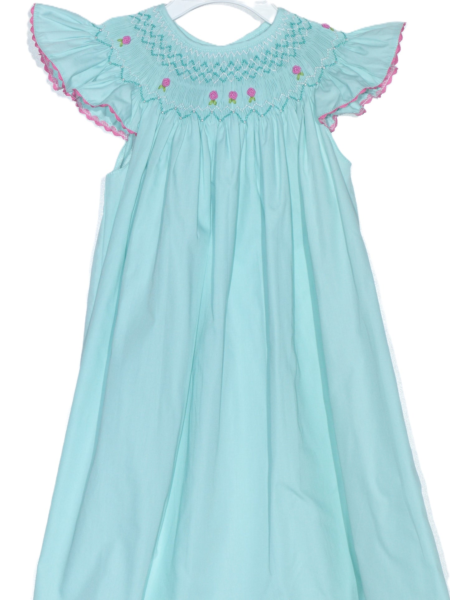 Turquise Geo Smocked With Roses Angel Wing Sleeve Dress