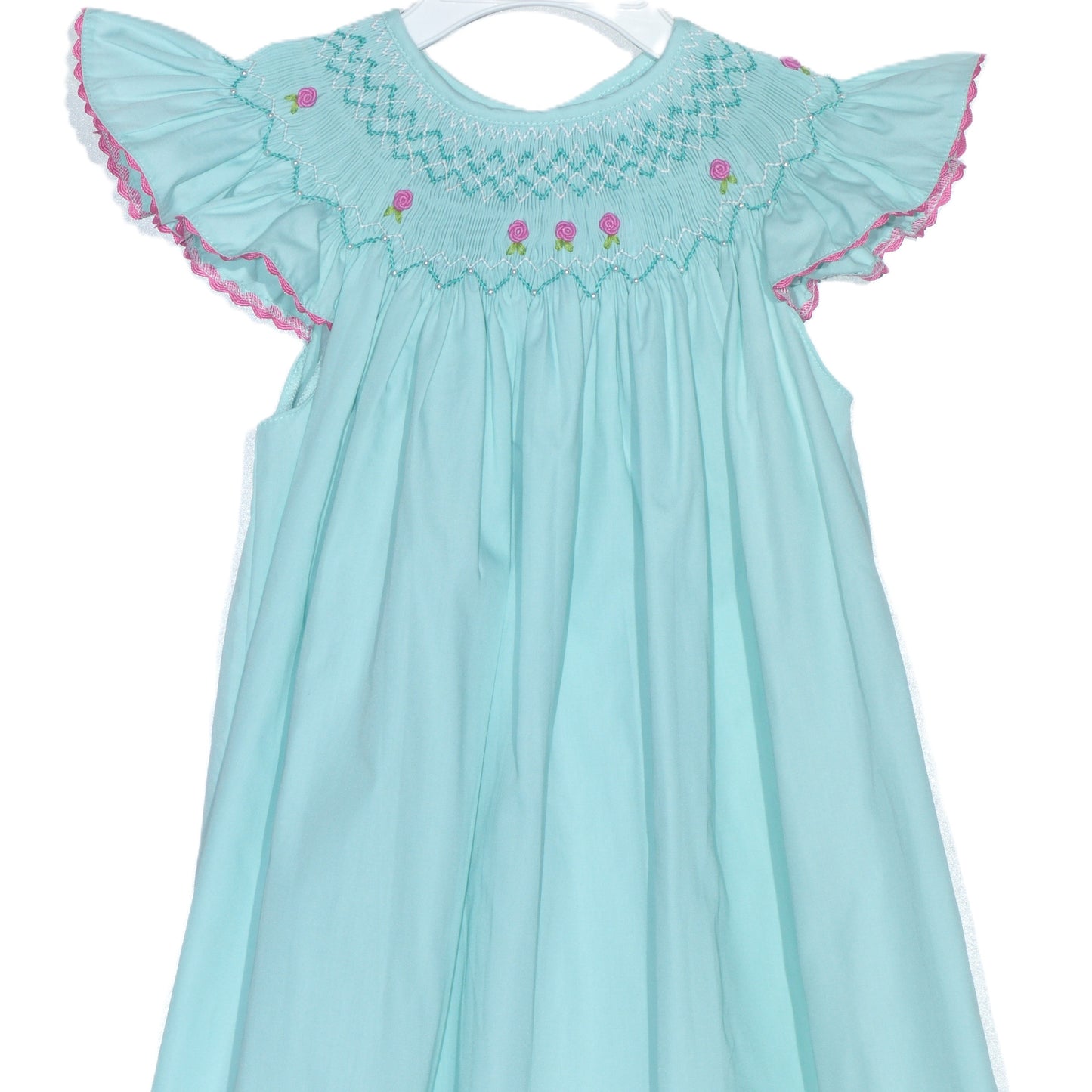 Turquise Geo Smocked With Roses Angel Wing Sleeve Dress