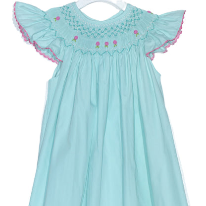 Turquise Geo Smocked With Roses Angel Wing Sleeve Dress