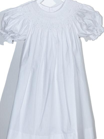 White Geometric Smocked with Pearls Short Bishop Sleeve Dress
