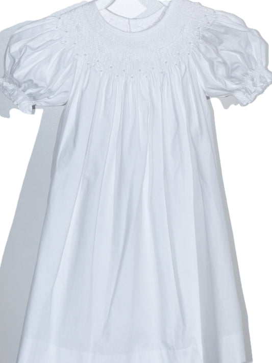 White Geometric Smocked with Pearls Short Bishop Sleeve Dress