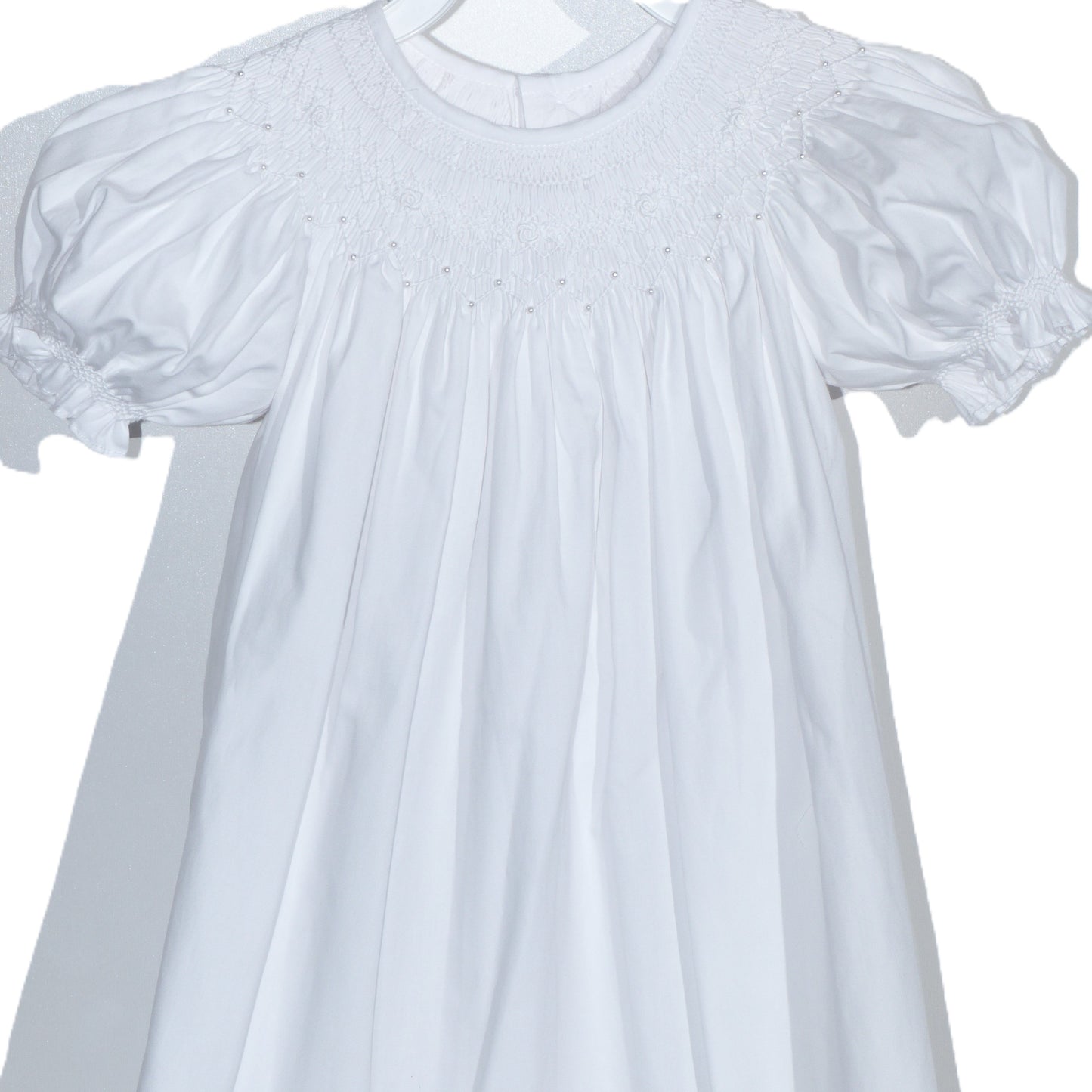White Geometric Smocked with Pearls Short Bishop Sleeve Dress