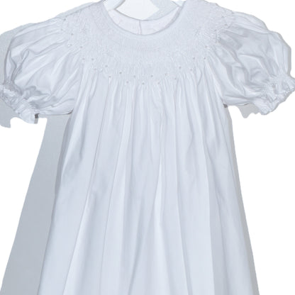 White Geometric Smocked with Pearls Short Bishop Sleeve Dress