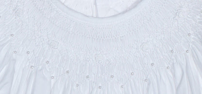 White Geometric Smocked with Pearls Short Bishop Sleeve Dress