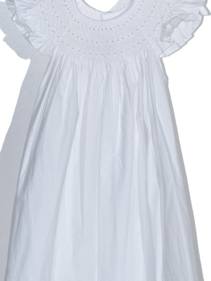 White Geometric Smocked with Pearl Angle Wing Sleeve Dress